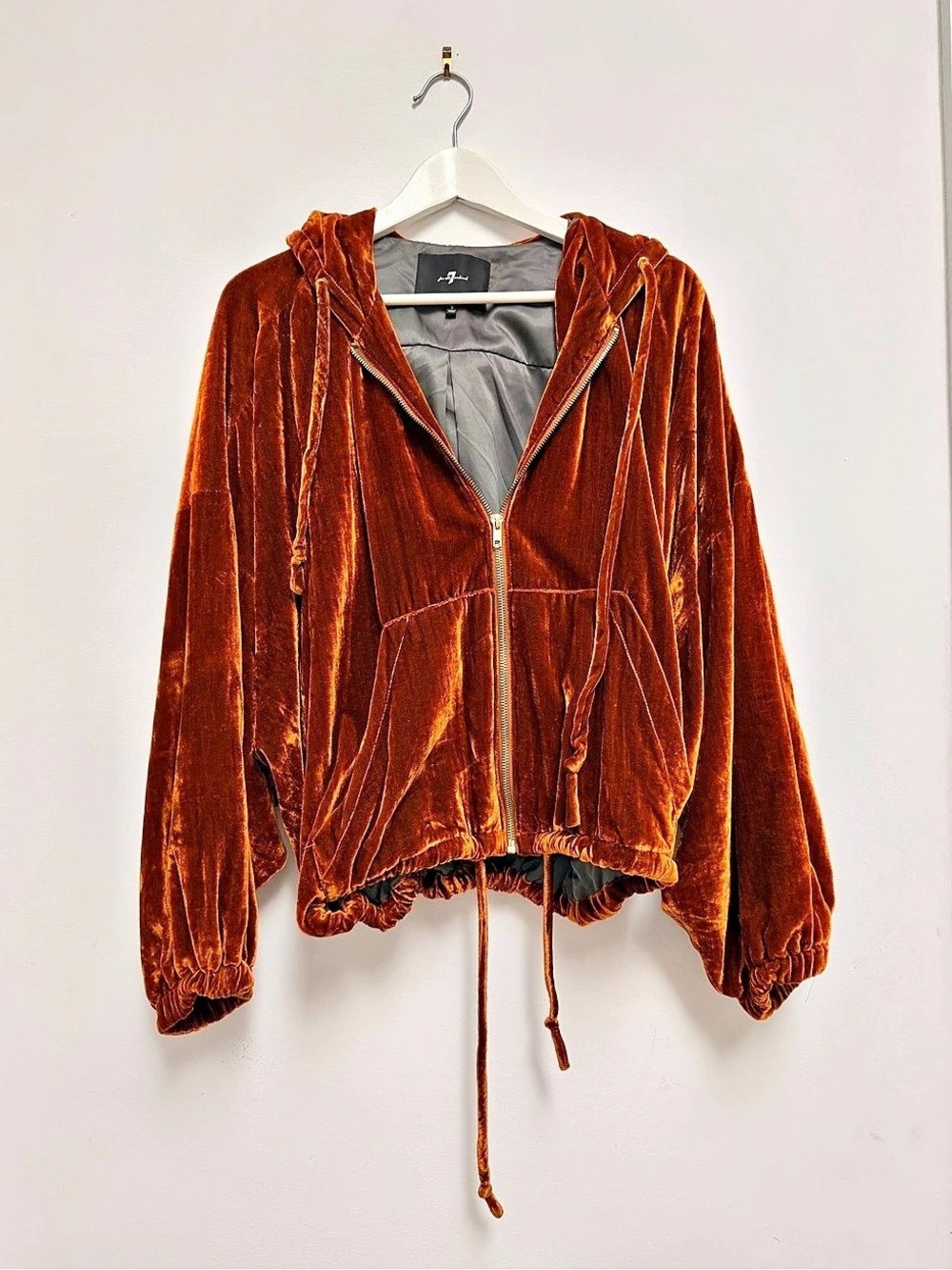 7 For All Mankind Velvet Hooded Bomber Jacket in Brown/Gold
